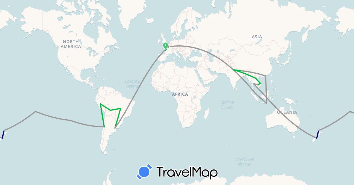 TravelMap itinerary: driving, bus, plane in Australia, China, France, Indonesia, India, Cambodia, Laos, Nepal, New Zealand, Singapore, Thailand, Vietnam (Asia, Europe, Oceania)